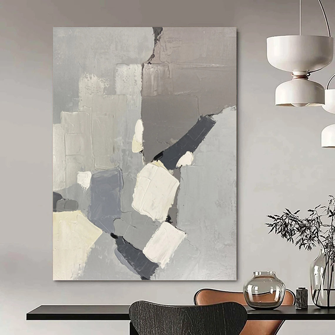 “Gray - Toned Geometric Abstraction” - Gray, White & Black Abstract Geometric Shapes Painting On Canvas DKH1586