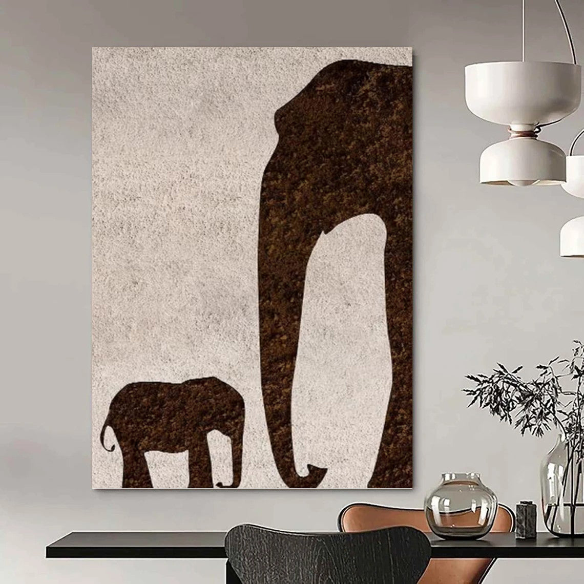 Brown Elephant Silhouette on Light Background - Animal - Themed Abstract Painting On Canvas DKH1329