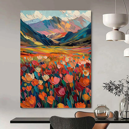 “Color - Burst Mountain Meadow with Vivid Florals” - Abstract Expressionist Landscape Painting On Canvas DKH1597