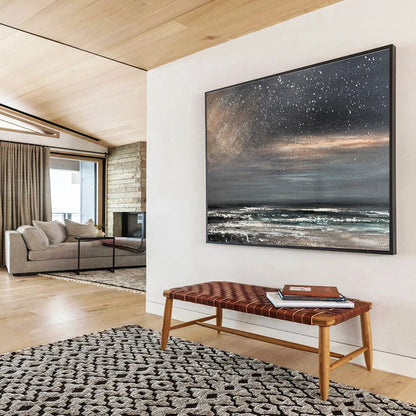 Monochromatic Starry Shore “Midnight Beach Whispers” Painting On Canvas DKH105
