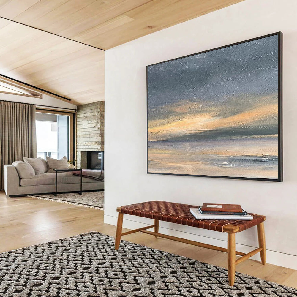 “Gray, Orange, Serene ‘Sunset Shore’” - Abstract Seascape Painting On Canvas DLZ016