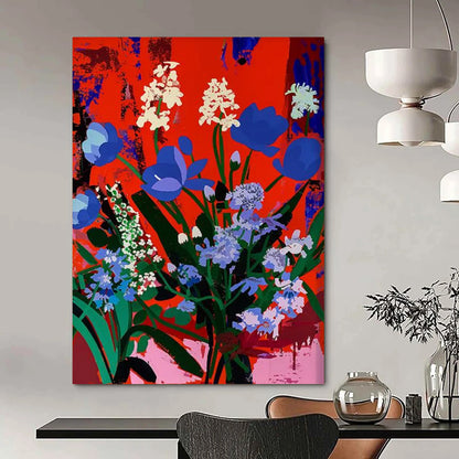 “Blue - White Flowers on Red” - Pop Art - Inspired Floral Painting On Canvas DTP101