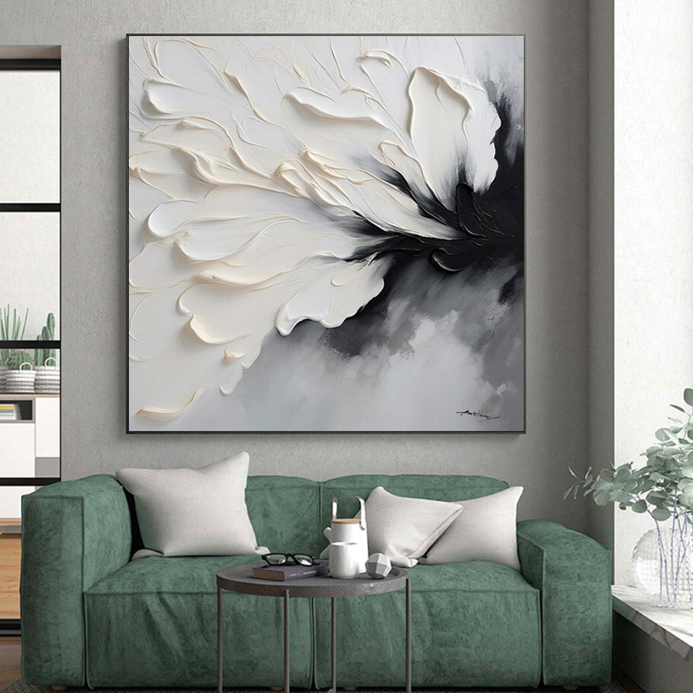Black, White & Gray Textured Flower, “Silent Blossom” - Impasto Floral Painting CT0768