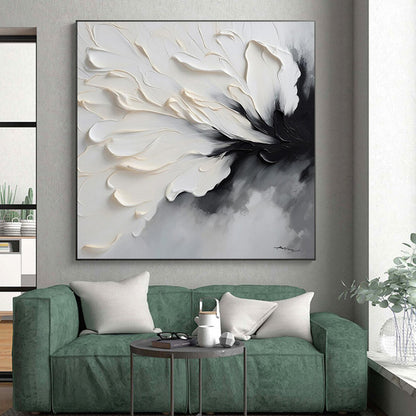 Black, White & Gray Textured Flower, “Silent Blossom” - Impasto Floral Painting CT0768