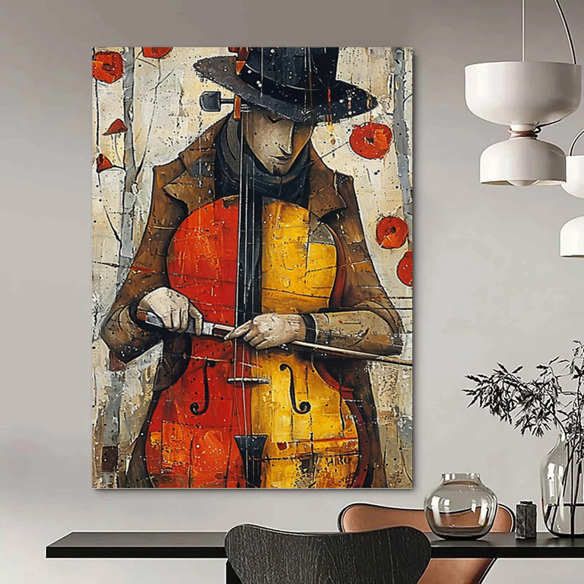 “Melodic Muse” - Colorful Cello Player with Poppies Background Painting On Canvas DKH1532