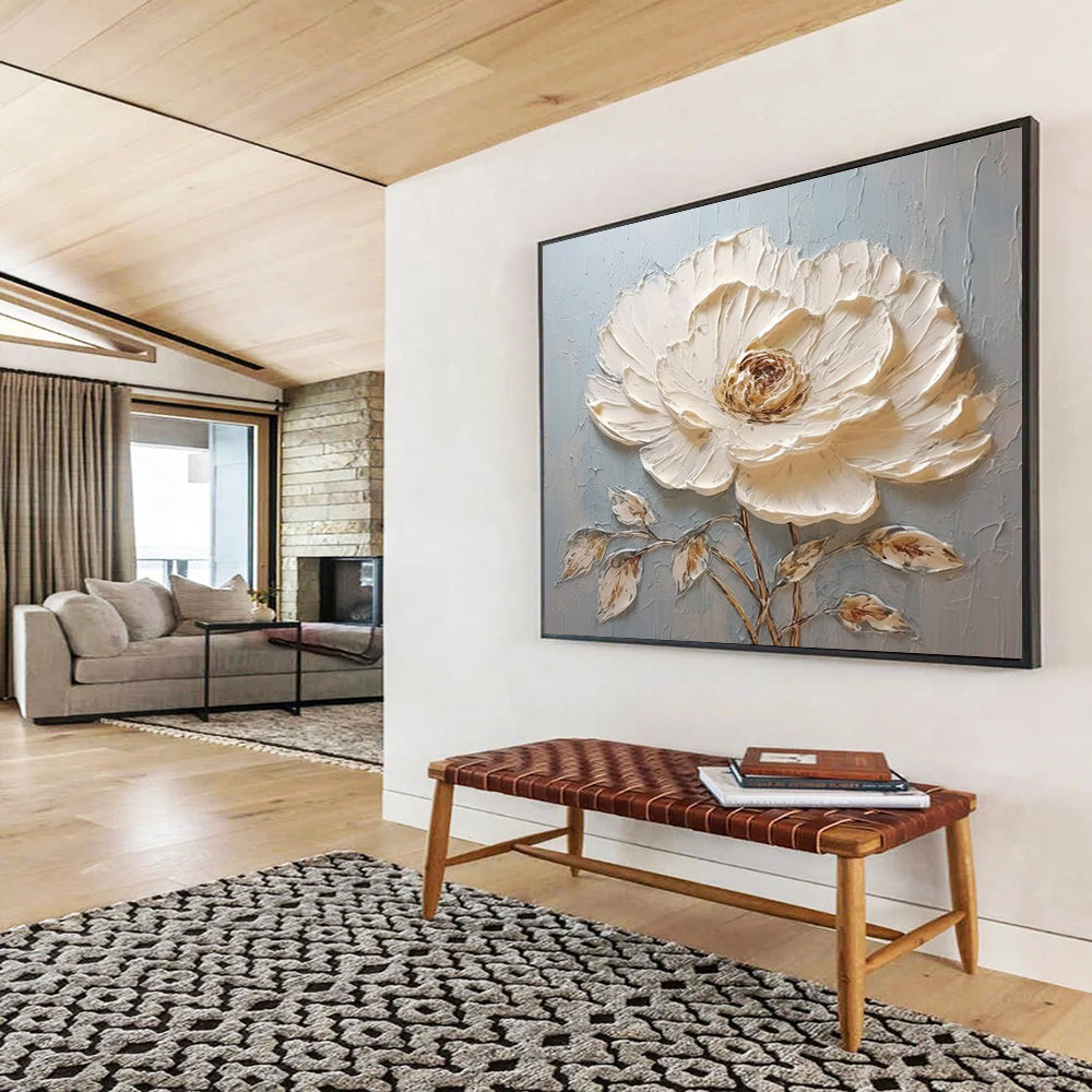 Single White Textured Flower - Impasto Botanical Painting On Canvas DLZ175