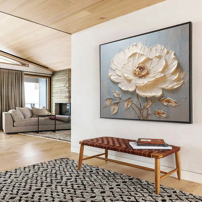 Single White Textured Flower - Impasto Botanical Painting On Canvas DLZ175
