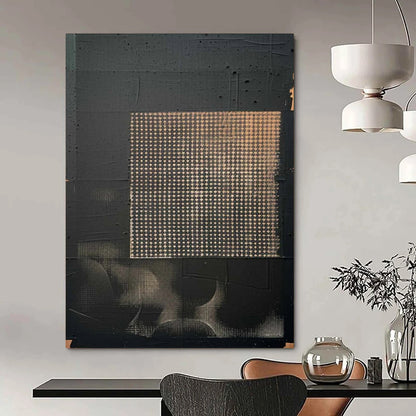 “Black - Gold Grid Abstract” - Black, Gold, Gray Minimalist Abstract Painting On Canvas DTP306