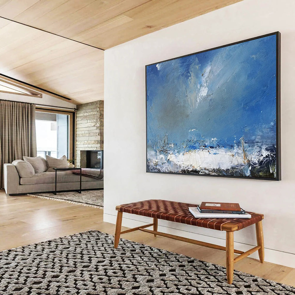 “Blue, White, Textured Seaside ‘Rough Coastal Sky’” - Impasto Seascape Painting On Canvas DLZ031