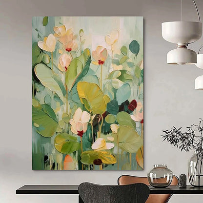 “Green, Beige, Yellow Floral ‘Botanical Dream’” - Impasto Flower Painting On Canvas DTP319