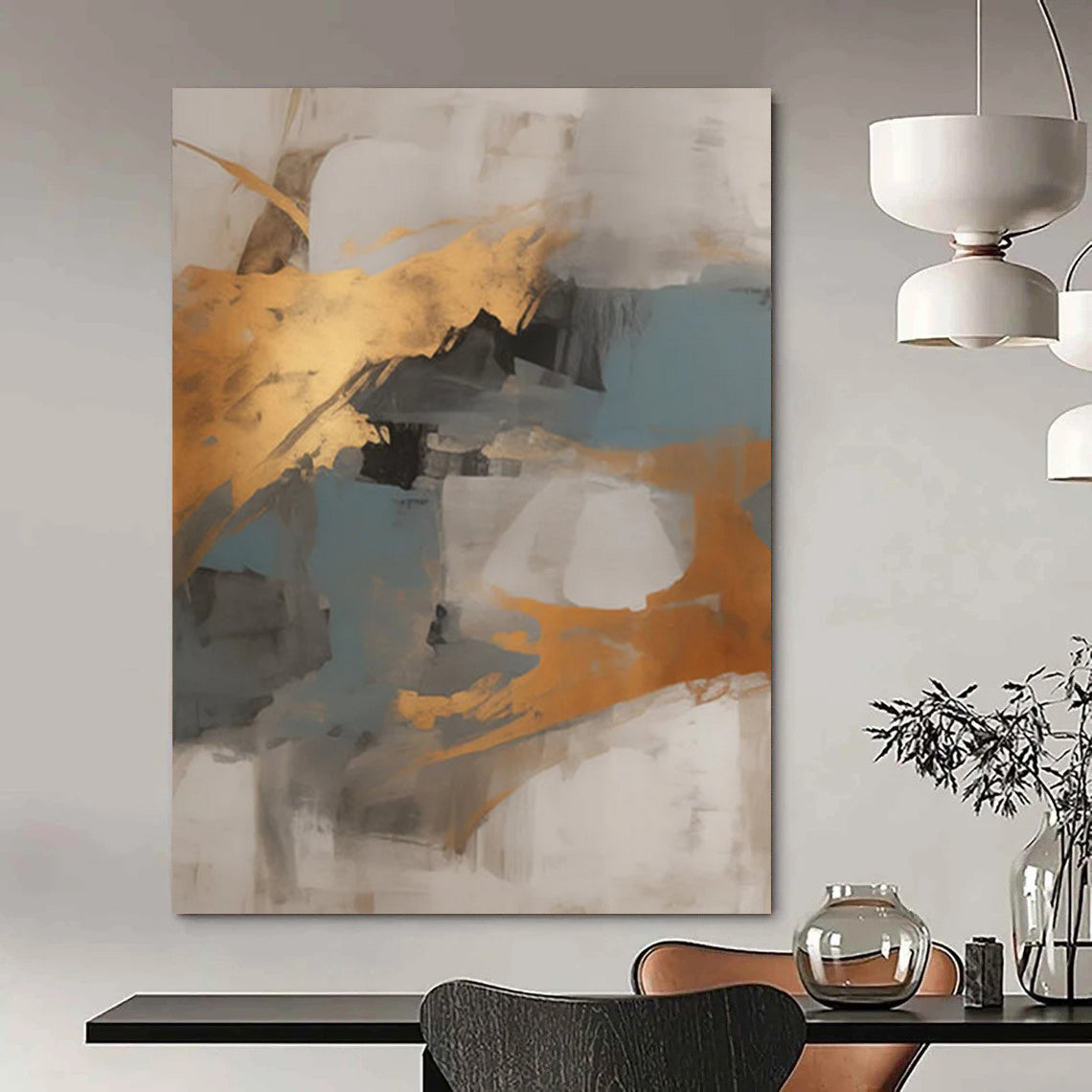 “Gray - Gold Abstract Shapes” - Modernist Abstract Painting On Canvas DTP136