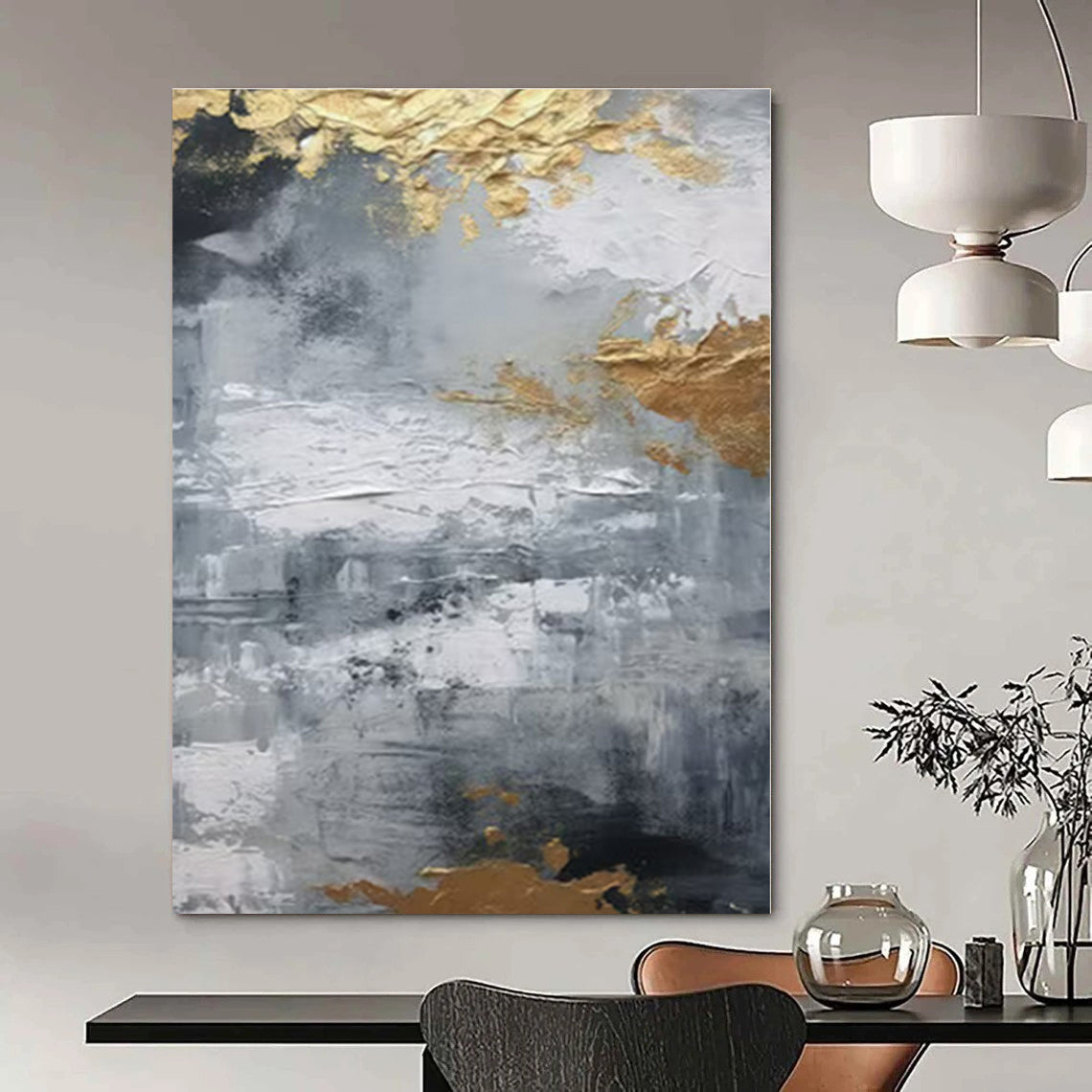 Grey - Gold Textured Abstraction II - Abstract Impasto Oil CT1261