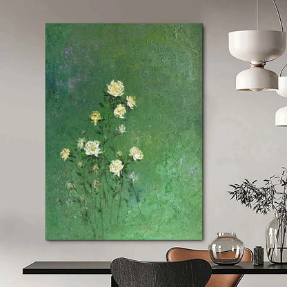 “Yellow Flowers on Green Background” - Impressionistic Floral Oil Painting CT1978