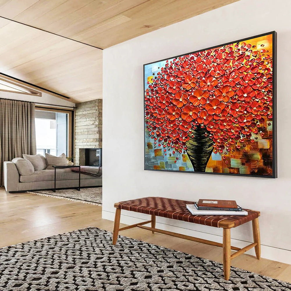 Red Flower Tree in Vase - Impasto Floral Painting On Canvas DLZ226