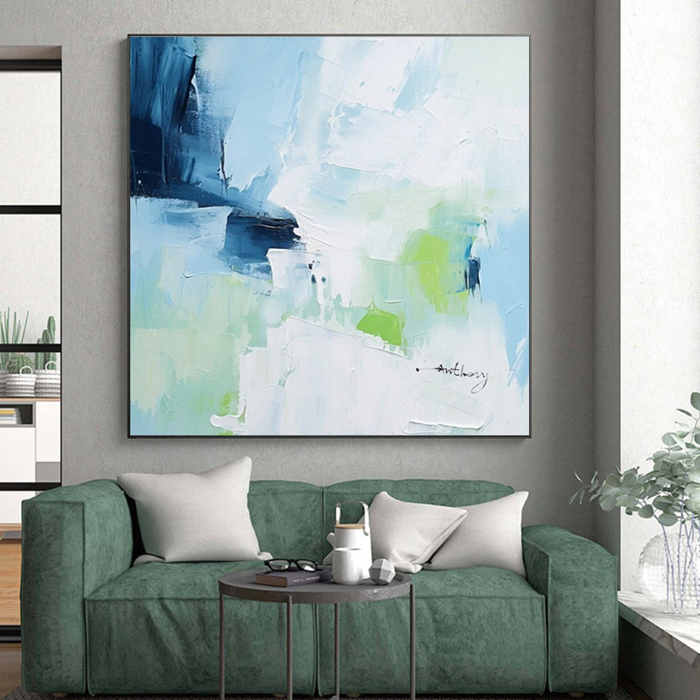 Blue, Green & White Abstract Strokes, “Fresh Breeze” - Impasto Abstract Painting CT0769