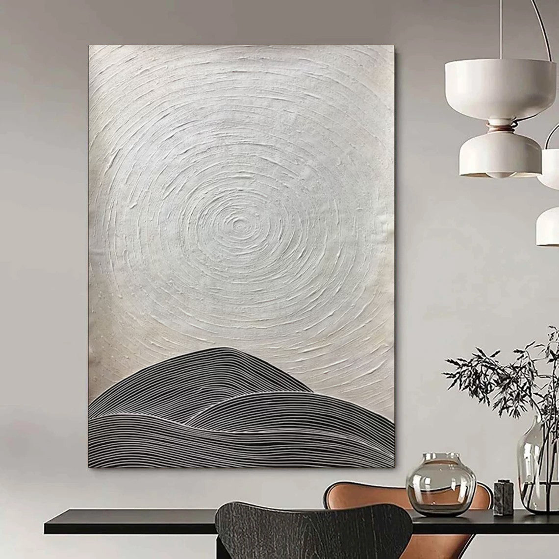 Black - and - White Rings and Hills Minimalist Abstract Art CT1960