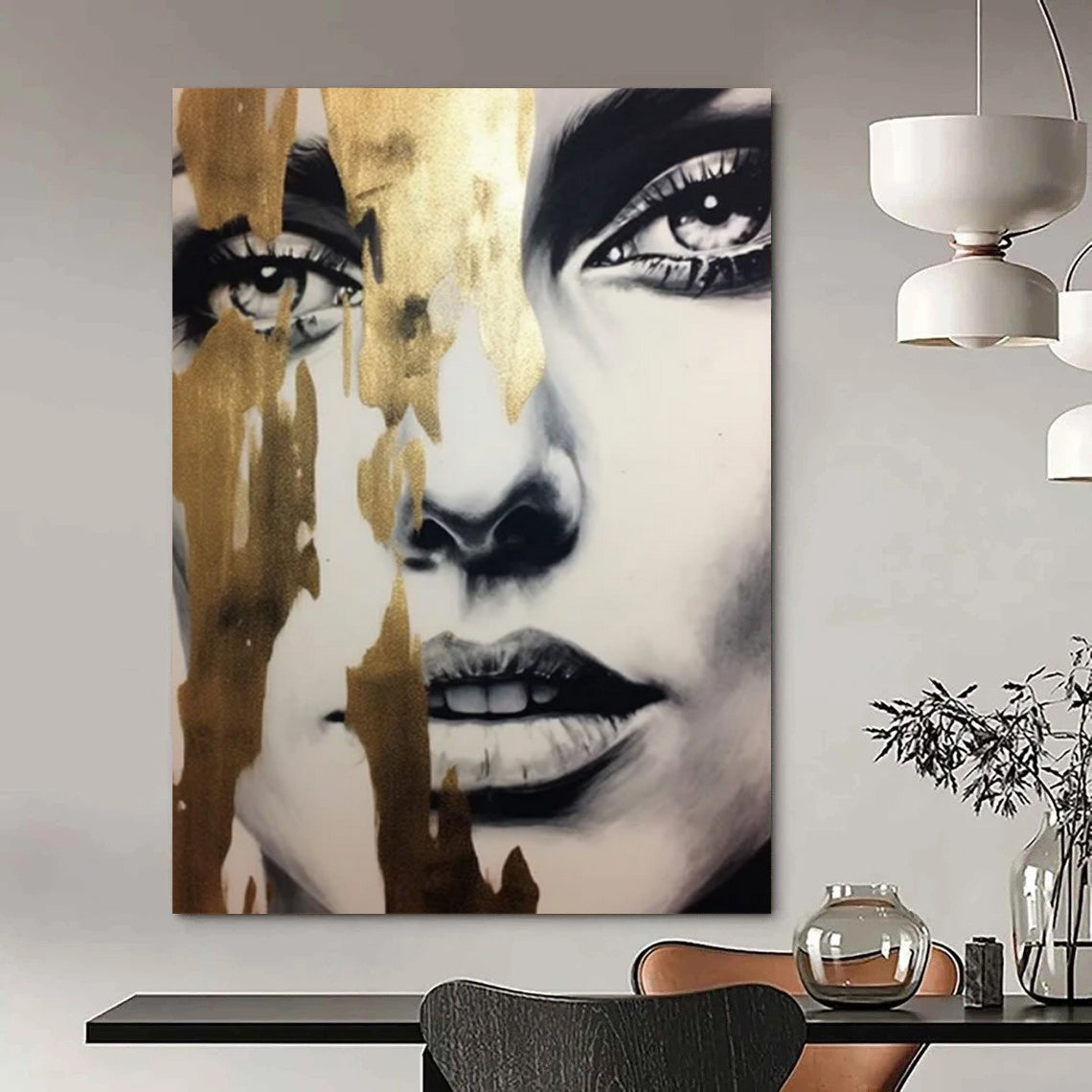 “Gilded Veiled Beauty” - Gold - Streaked Abstract Face Painting On Canvas CT2192