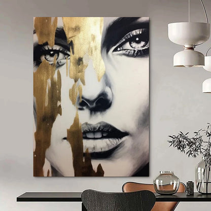“Gilded Veiled Beauty” - Gold - Streaked Abstract Face Painting On Canvas CT2192