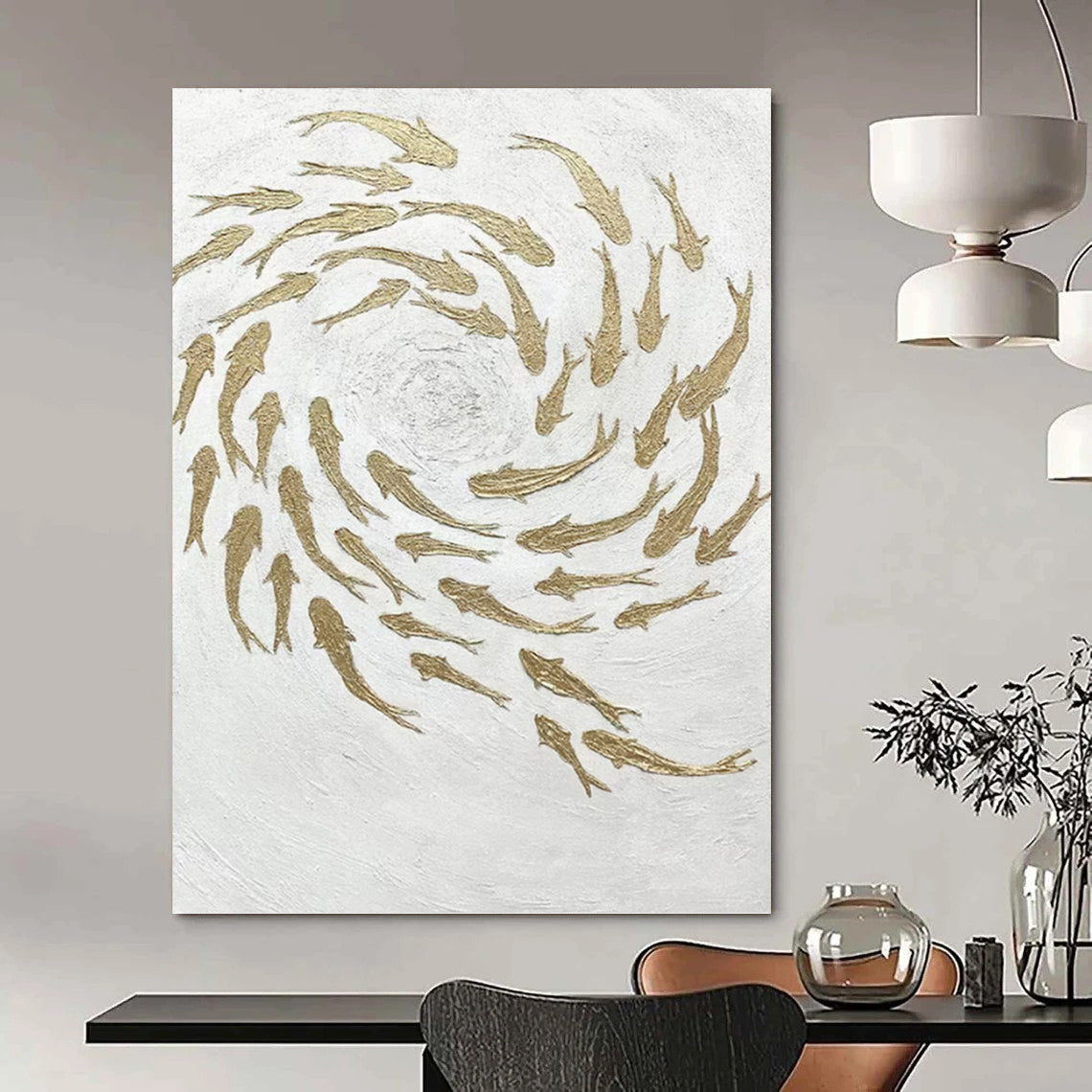 “Golden School” - White & Gold Textured Fish - Swarm Painting On Canvas DKH1544