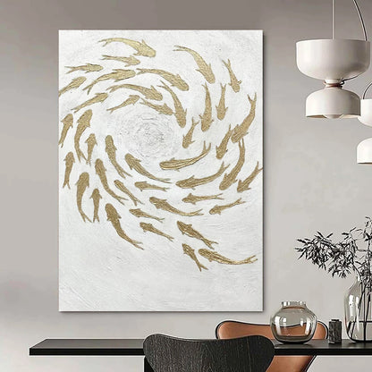 “Golden School” - White & Gold Textured Fish - Swarm Painting On Canvas DKH1544