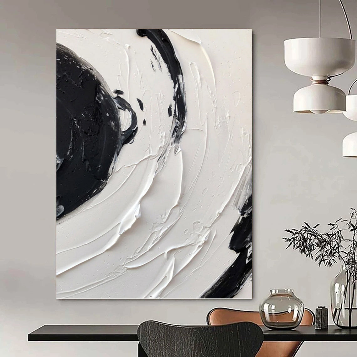 “Swirling Black - White Impasto” - Abstract Expressionist - Style Painting On Canvas DKH1677