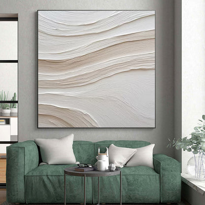 White - Beige Wavy Textures, “Cloud Drift” - Textured Abstract Plaster Painting CT0722