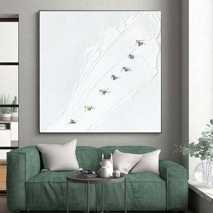 White - based Ski Slope with Colorful Skiers, “Ski Trail Joy” - Minimalist Figurative Acrylic Painting CT0734