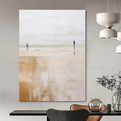 Two Figures on Beige Horizon - Minimalist Abstract Oil On Canvas CT1313