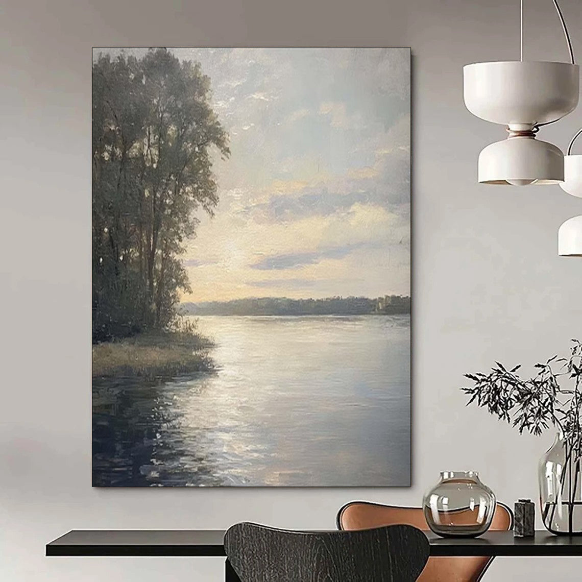 “Sunset Serenity: Lakeside Pines” - Realist Landscape Oil on Canvas CT1875