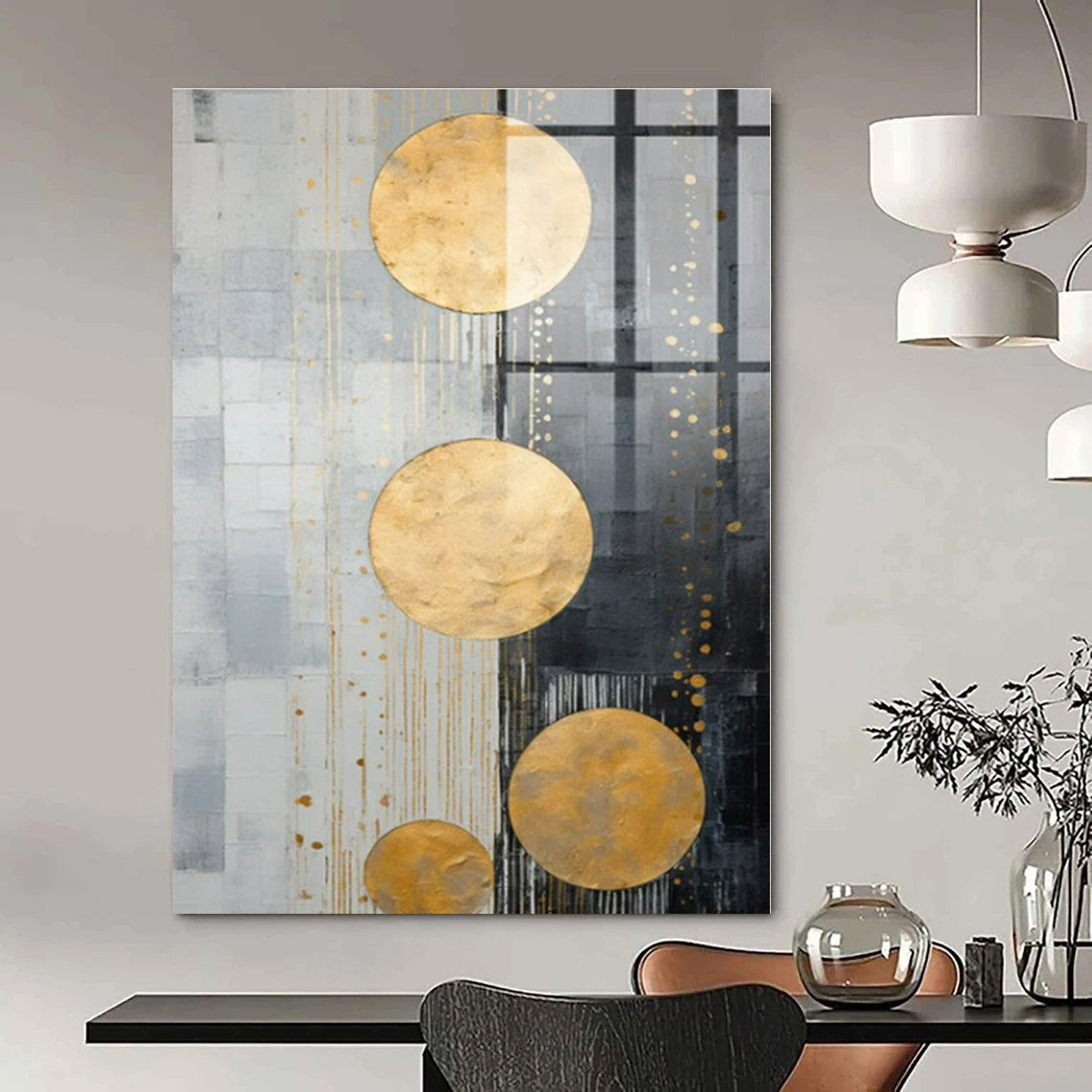Grey - Gold Geometry - Abstract Decorative Mixed - Media Art CT1241
