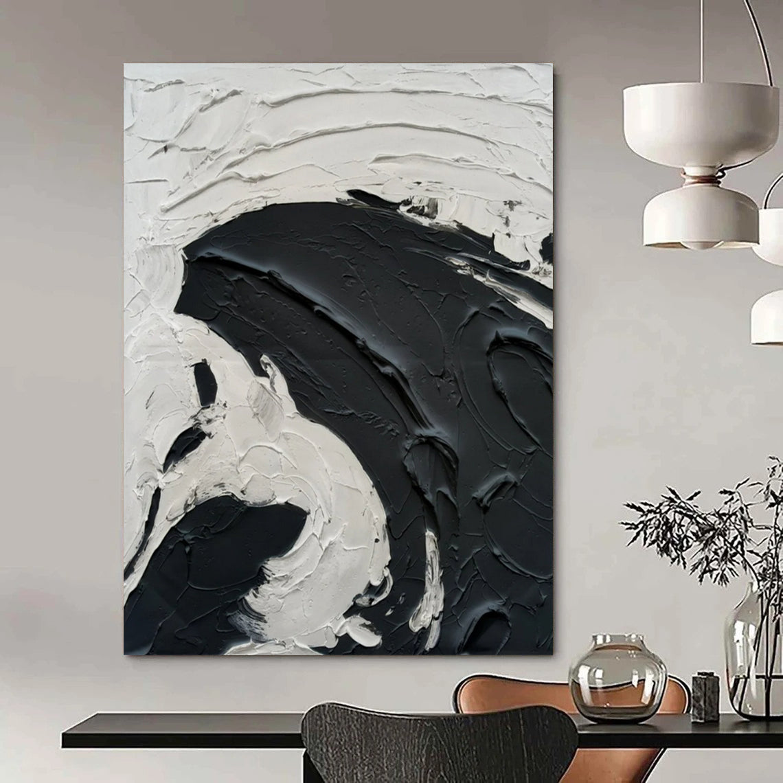 “White, Black Textured Swirl ‘Dramatic Serenity’” - Impasto Abstract Painting On Canvas DTP389