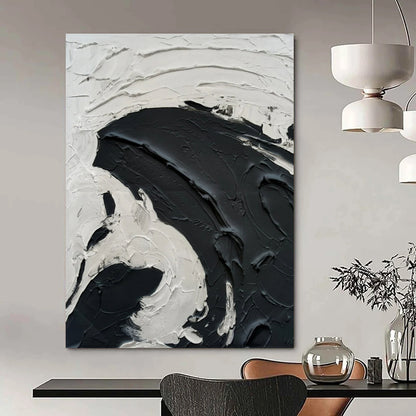 “White, Black Textured Swirl ‘Dramatic Serenity’” - Impasto Abstract Painting On Canvas DTP389