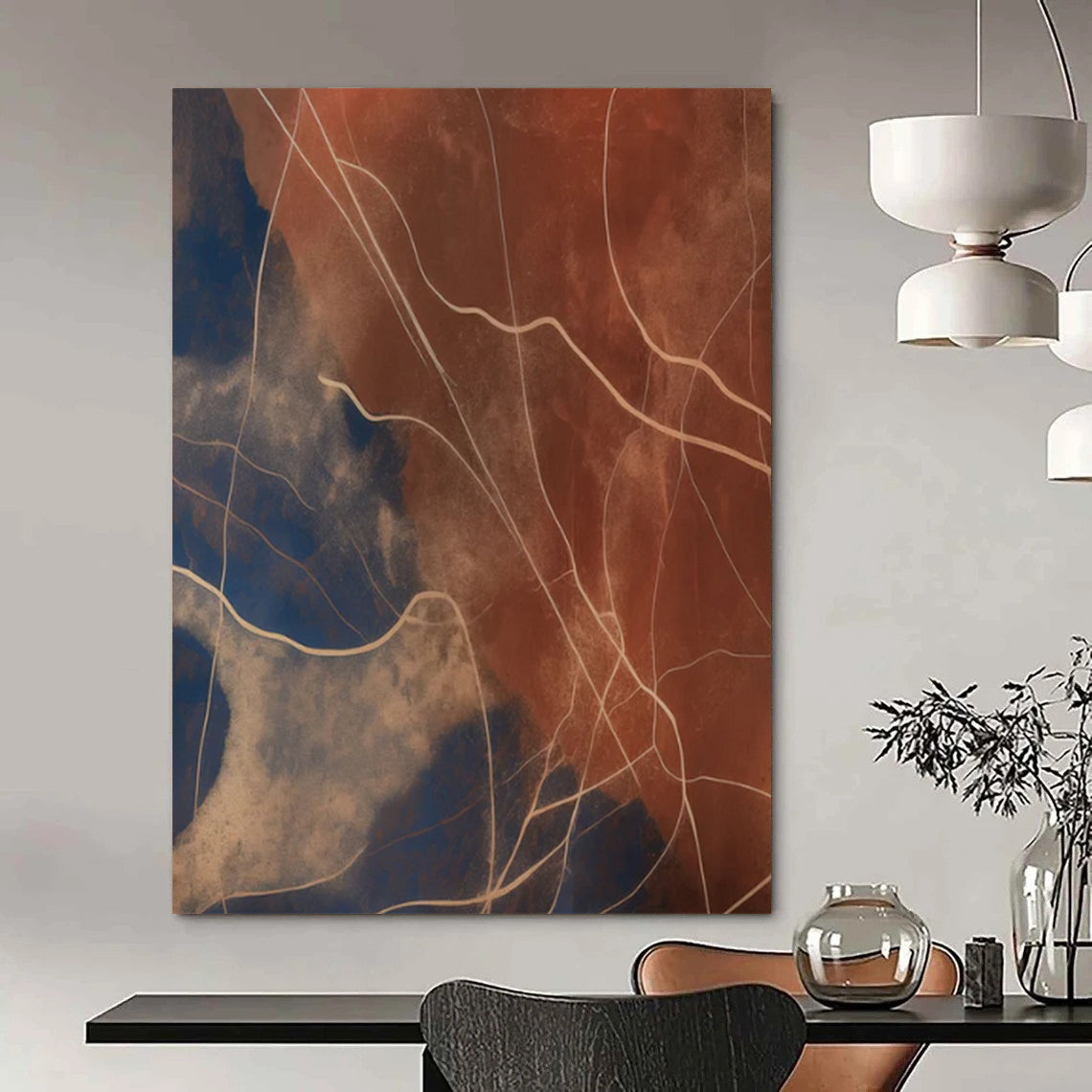 “Blue - Brown Line Abstract” - Minimalist Abstract Painting On Canvas DTP120