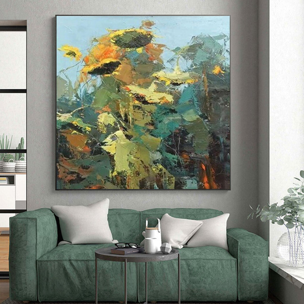 Impasto Sunflower Blooms, “Sunflower Symphony” - Impressionistic Abstract Oil Painting CT0732