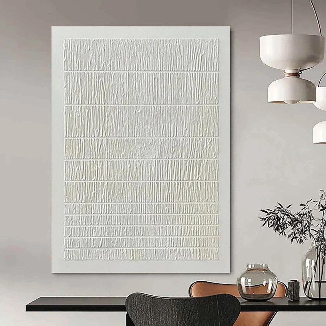 “White Textured Stripes - Minimalist Rhythm” Painting On Canvas DKH1129