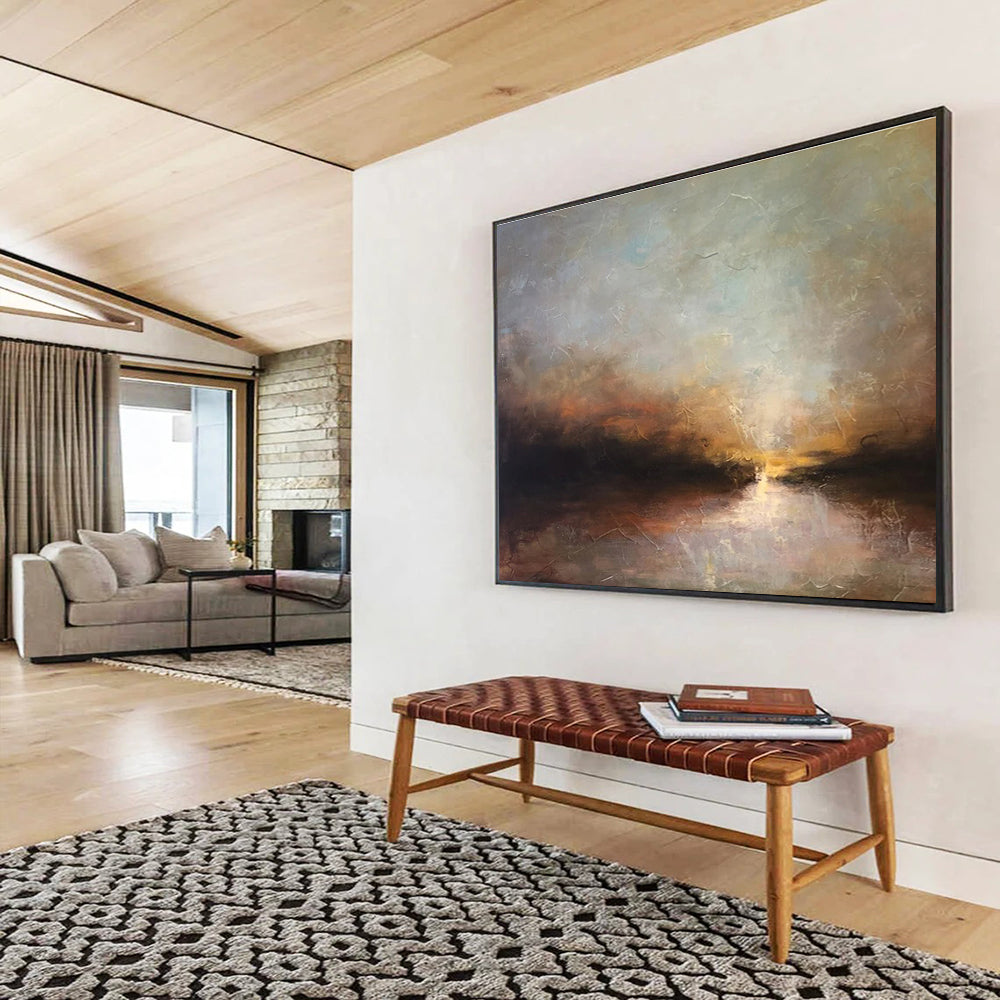 “Crackled Texture Sunset River” - Textured Landscape Painting On Canvas DKH774