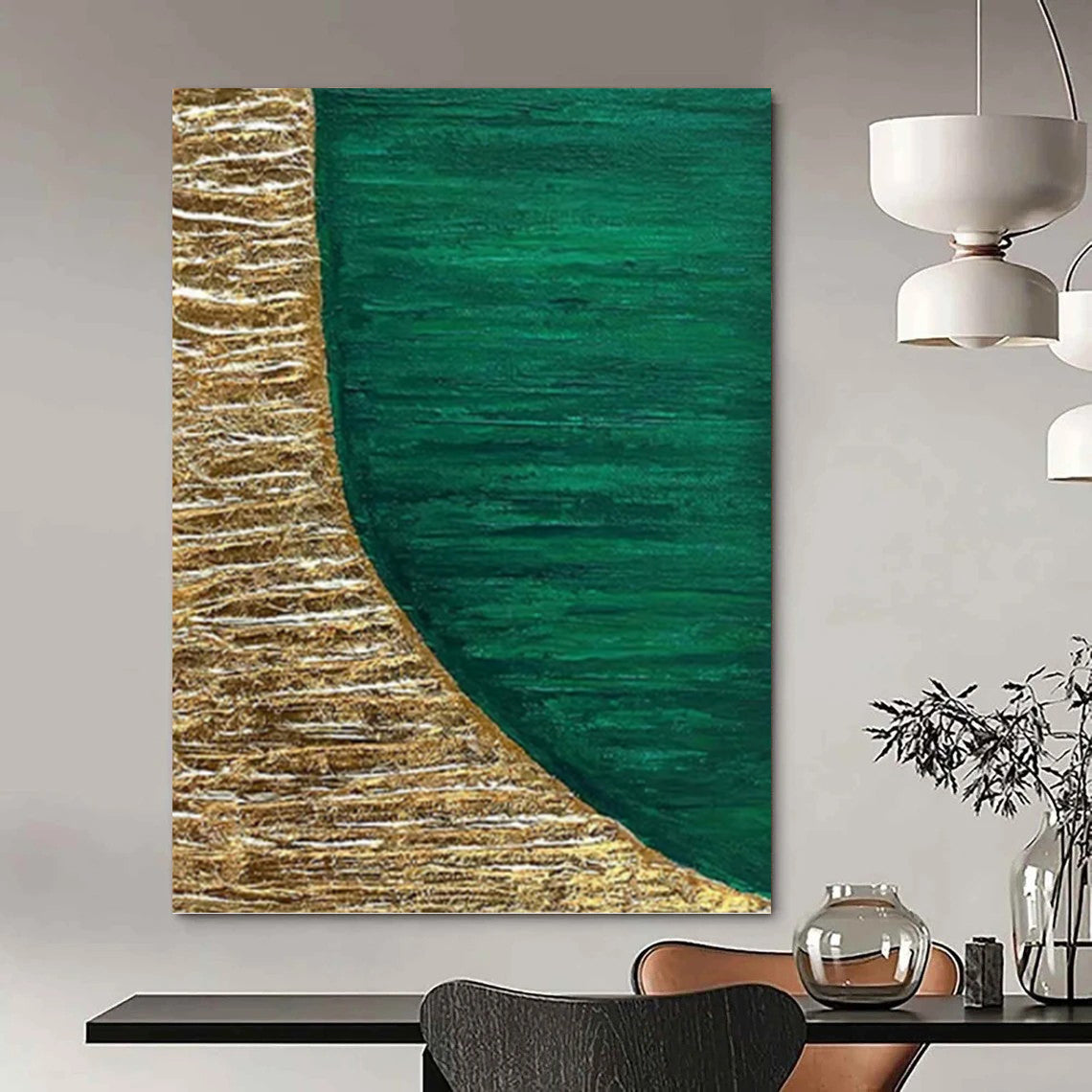 “Gold & Emerald Abstract Shape” - Gold & Emerald Green Abstract Painting On Canvas DKH1219