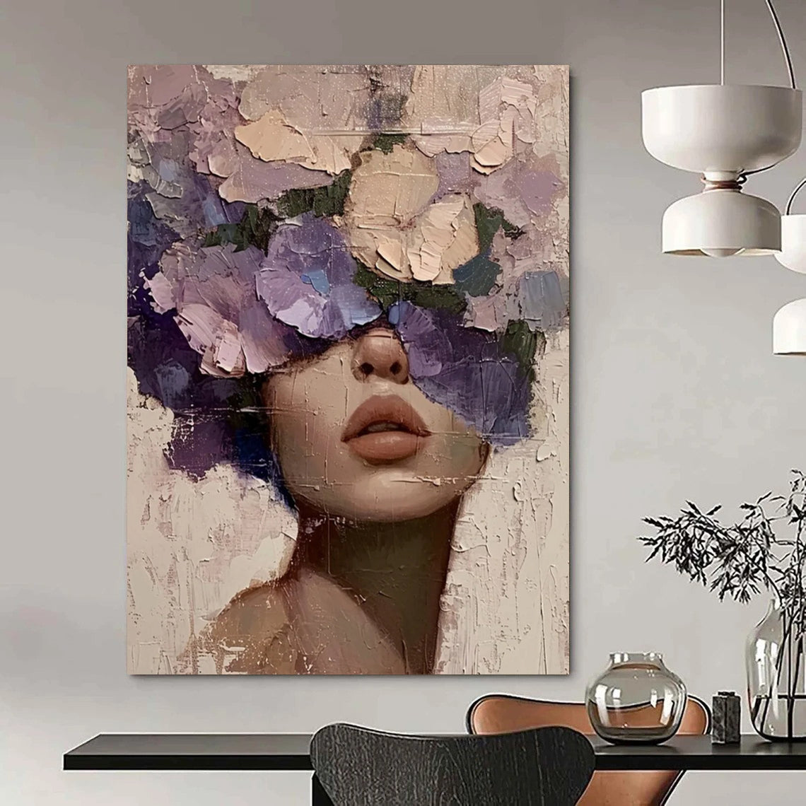 “Purple, Pink, Beige Floral Face ‘Blossom Beauty’” - Textured Figurative Painting On Canvas DTP329