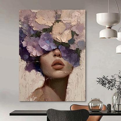 “Purple, Pink, Beige Floral Face ‘Blossom Beauty’” - Textured Figurative Painting On Canvas DTP329