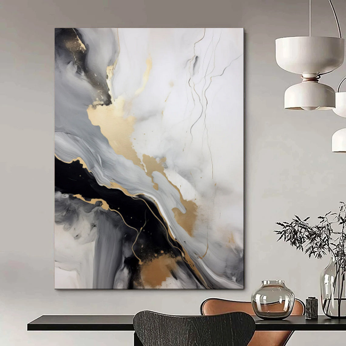 “Gold - Veined Monochrome Flow” – Abstract Fluid Acrylic Art CT2065