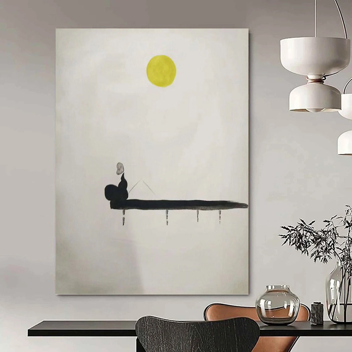 “Moonlit Solitude” - Black, White, and Yellow Minimalist Figure Painting On Canvas DKH1562