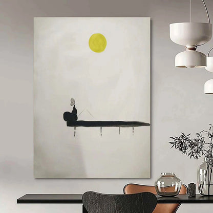 “Moonlit Solitude” - Black, White, and Yellow Minimalist Figure Painting On Canvas DKH1562