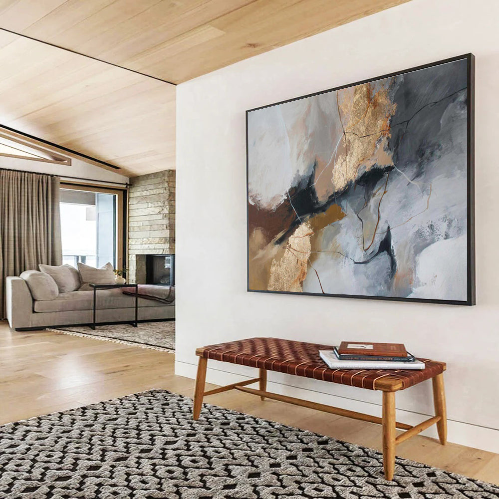 “Gray - Gold Abstract Cracks” Abstract Acrylic Painting On Canvas DKH518