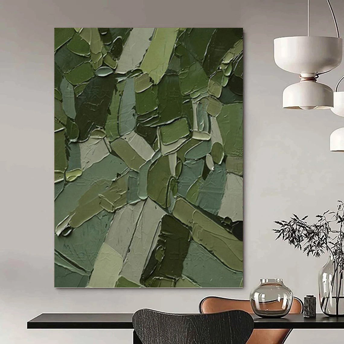 “Green Mosaic Impasto” - Green & Gray Mosaic - Like Impasto Painting On Canvas DKH1211