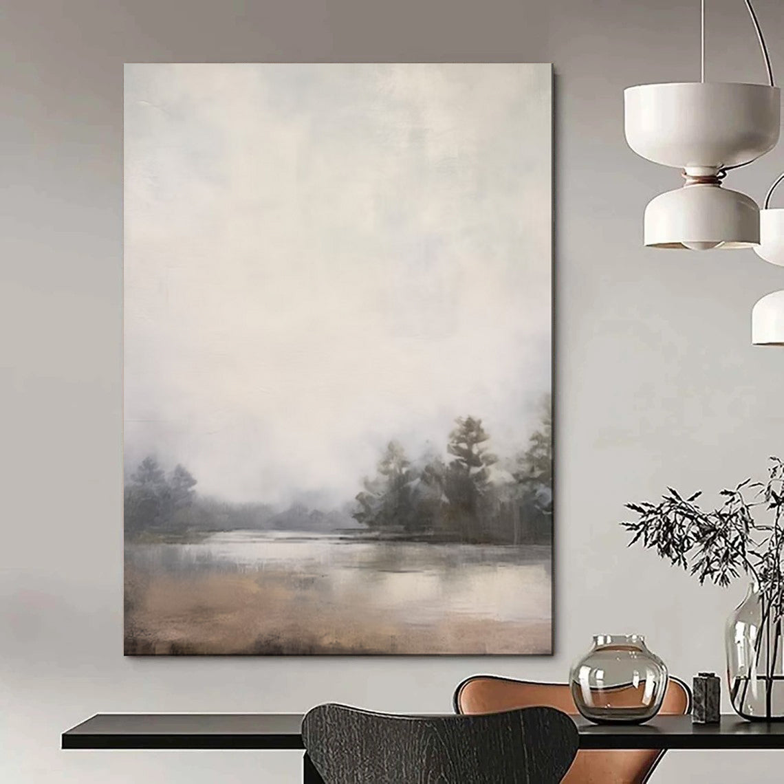 “Expansive Lake Mist” – Impressionistic Landscape Oil Painting with Hazy Gray Tones CT2057