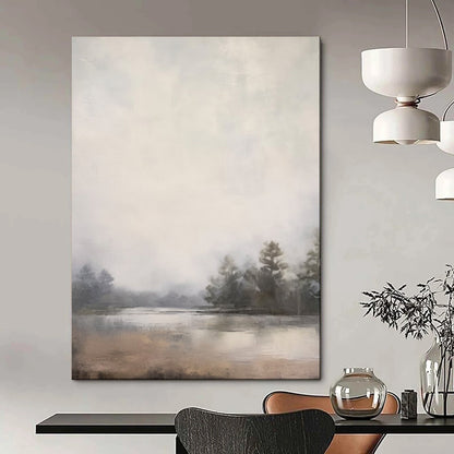 “Expansive Lake Mist” – Impressionistic Landscape Oil Painting with Hazy Gray Tones CT2057