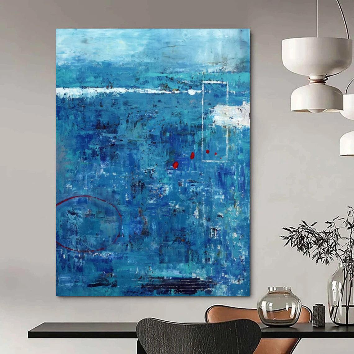 “Oceanic Abstract - Blues, Reds, and Textured Layers” Painting On Canvas CT2389