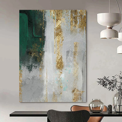 “Gilded Emerald” - Green, Gold & Gray Textured Abstract Painting On Canvas DKH1518