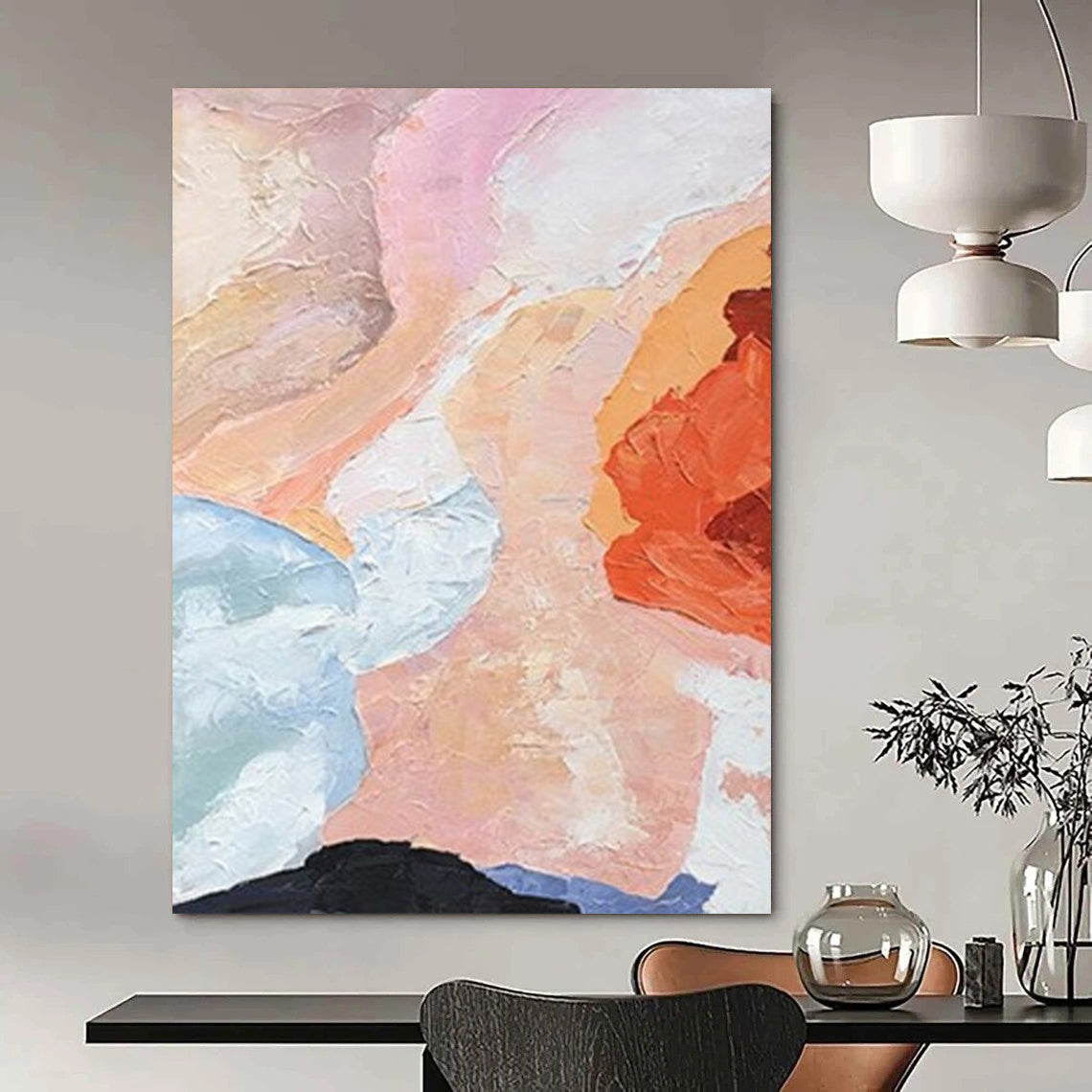 “Soft - Toned Abstraction” - Pink, Blue, Peach Gentle Shapes Painting On Canvas DTP275