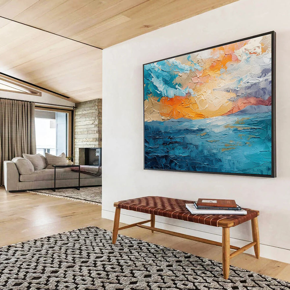 “Textured Seaside Sunset” Impasto Oil Painting On Canvas DKH503